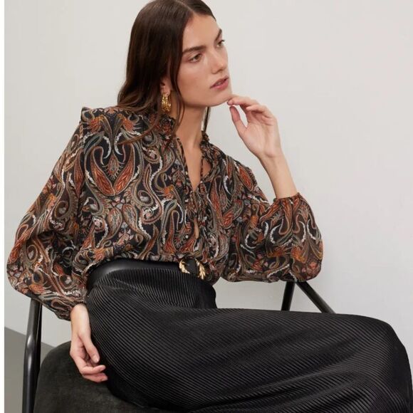 Misa Los Angeles Helena print Black Brown Puff sheer peasant Blouse NWT XXS - Picture 3 of 11